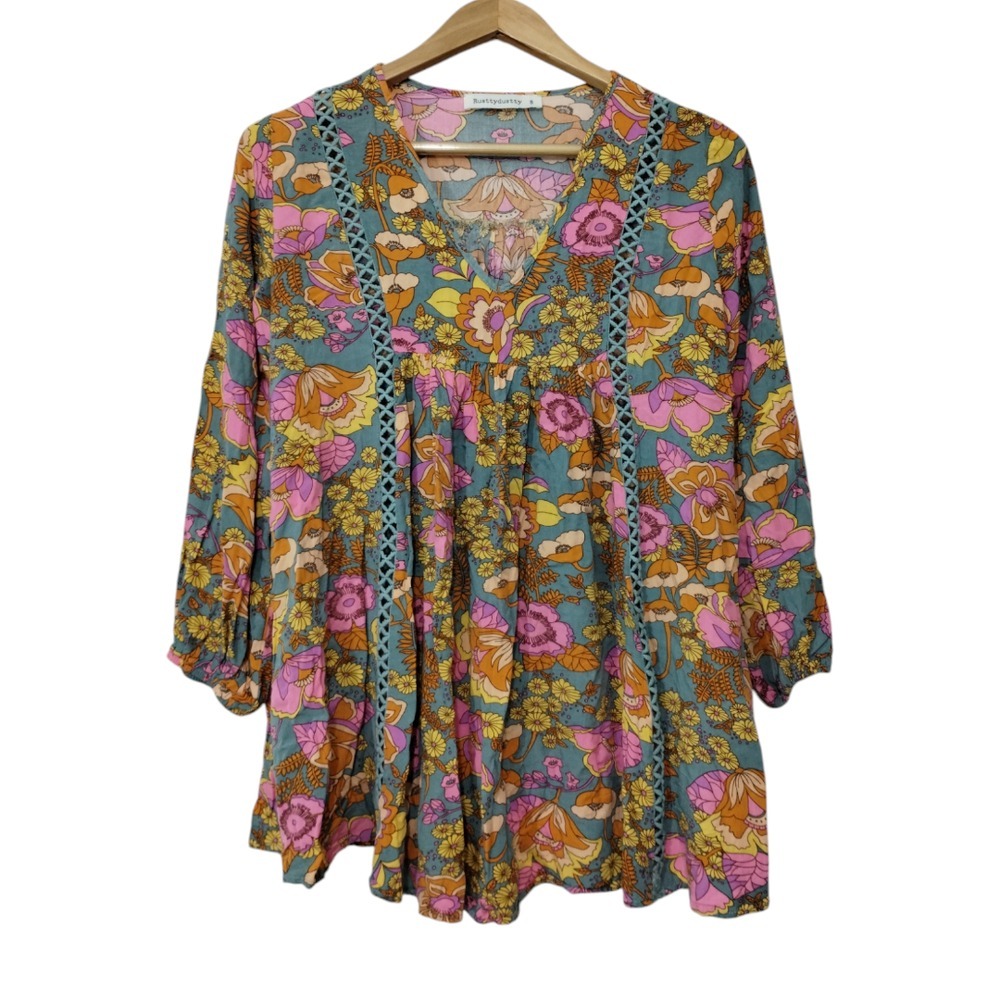Boho Floral V-Neck Tunic Blouse - Multi Pink/Teal